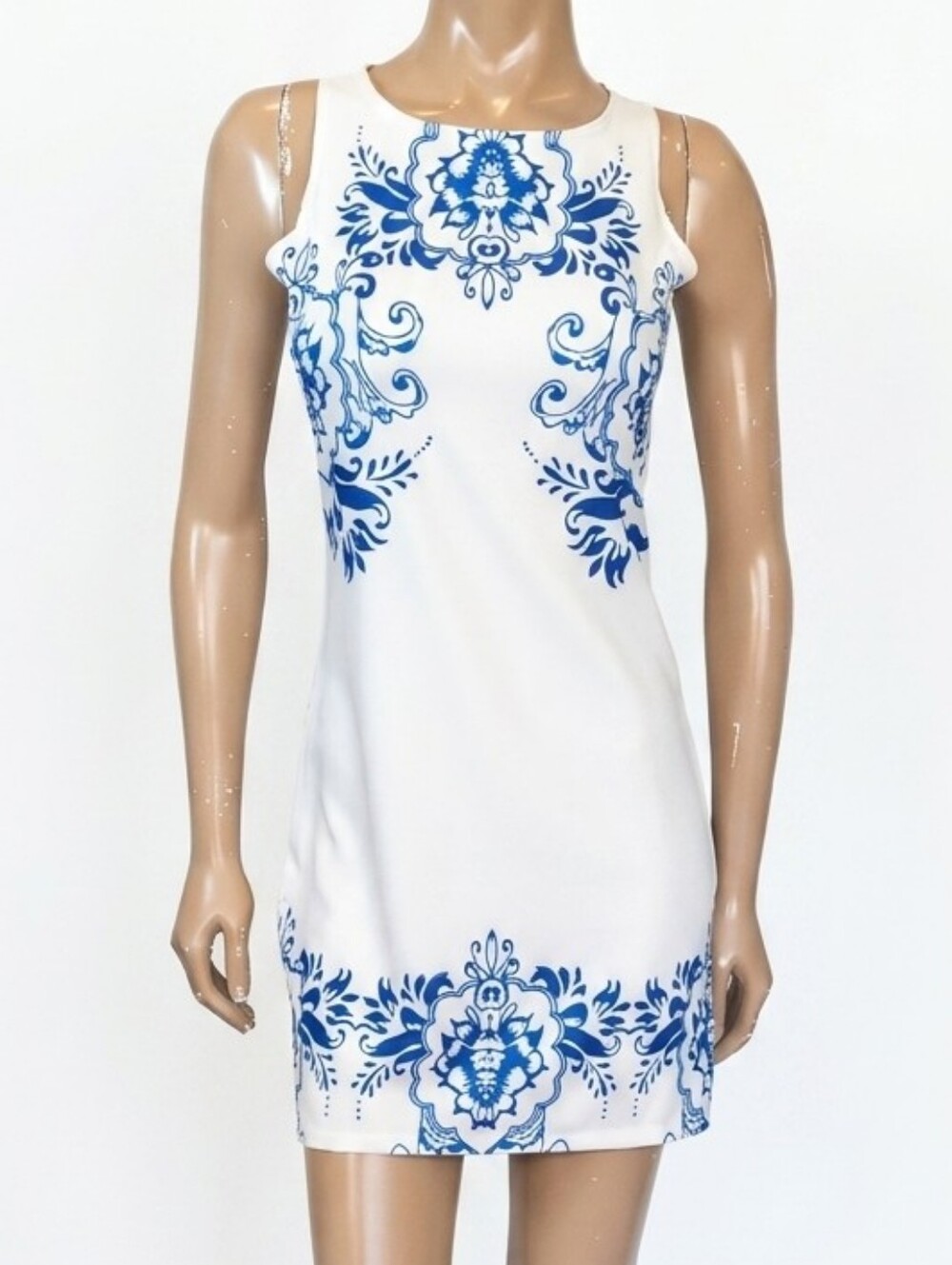 Elfin Porcelain Print Sleeveless Dress Womens Size Small Blue White Mini Summer
